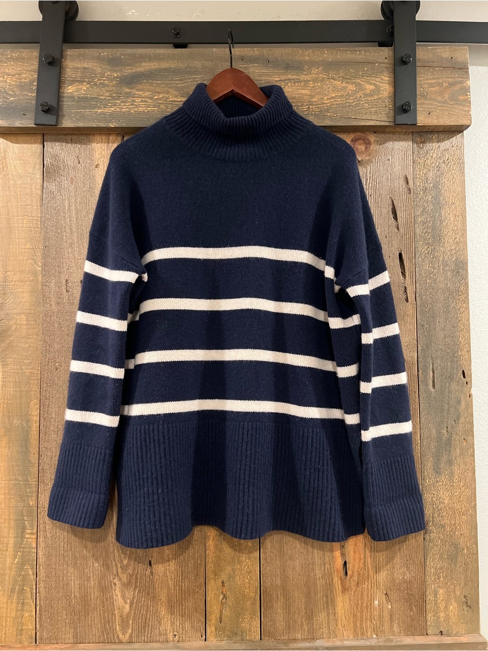 NORDSTROM SIGNATURE 100% Cashmere Striped Turtleneck Sweater Navy Cream Medium